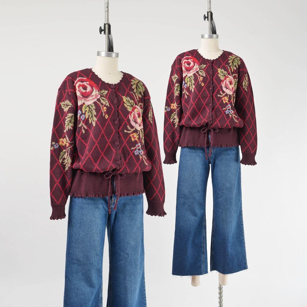 Vintage 90s Floral Cardigan Cotton Ramie Drawstring Waist Sweater M L